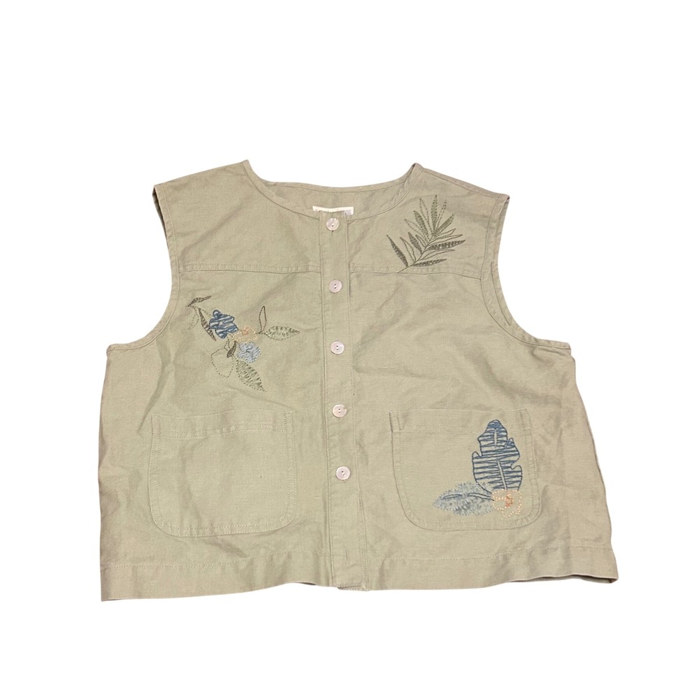 Vintage Linen Embroidered button vest top sage green cottage boho Lagen